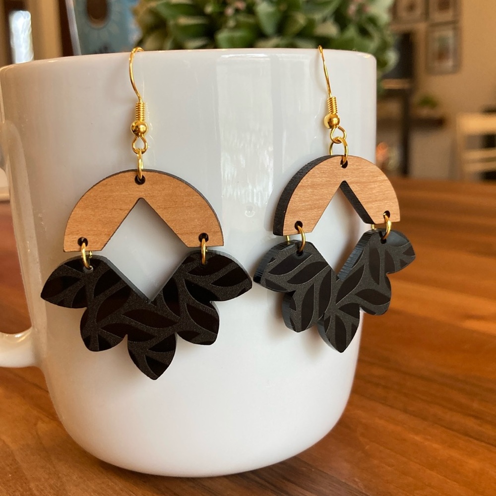 New Bohemian Earrings, Gold, Cherry Wood Finish w/ Black Acrylic